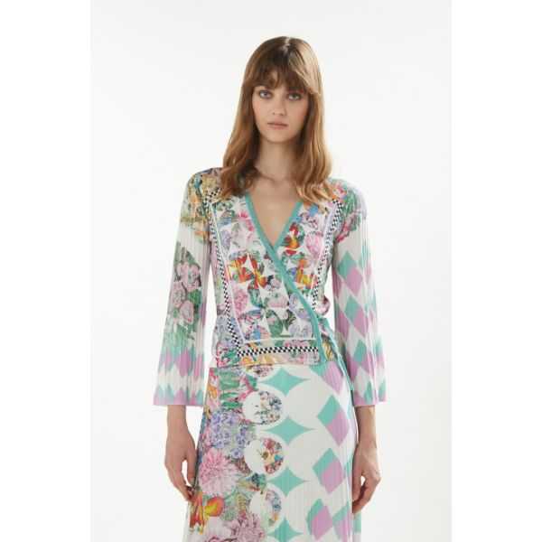 Crossed cardigan with pleated sleeves and Foulard print