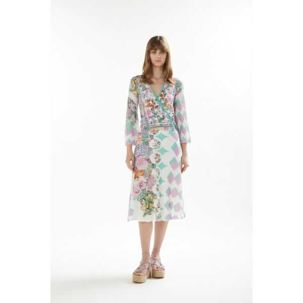 Crossed cardigan with pleated sleeves and Foulard print