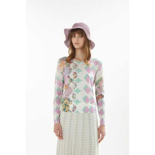 Pointelle boat neck sweater with long sleeves and Foulard print double use