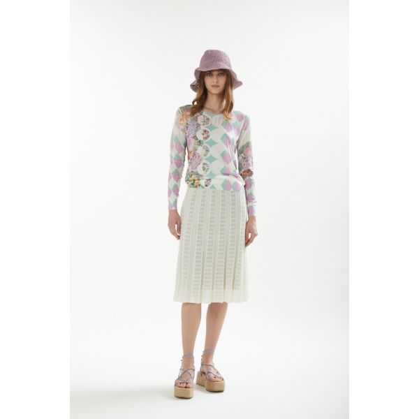 Pointelle boat neck sweater with long sleeves and Foulard print double use