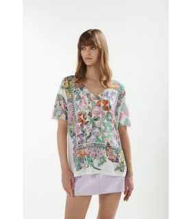 Oversize V neck sweater with short sleeves and Foulard print double use