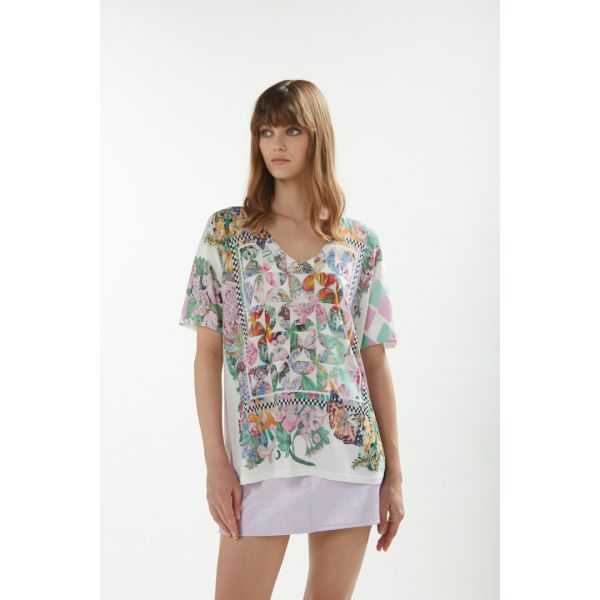 Oversize V neck sweater with short sleeves and Foulard print double use