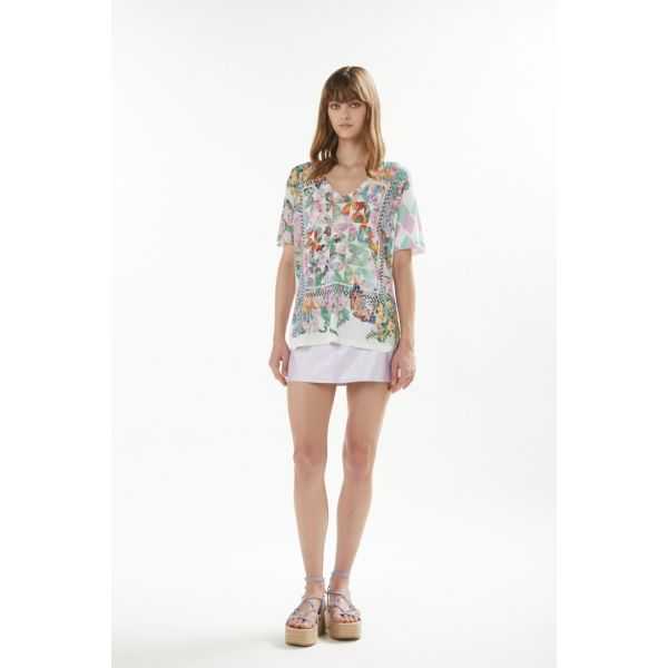 Oversize V neck sweater with short sleeves and Foulard print double use