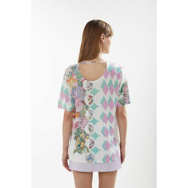 Oversize V neck sweater with short sleeves and Foulard print double use