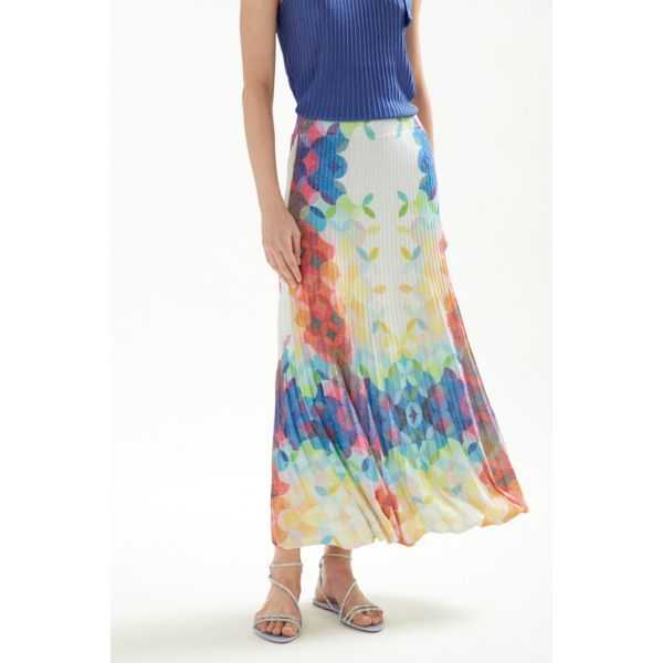 Pleated long skirt with Cool print double use