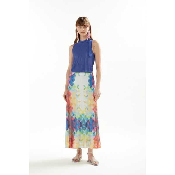 Pleated long skirt with Cool print double use