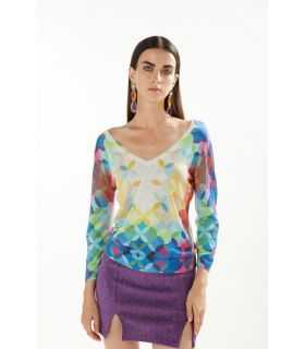 Maglia con scollo a V, maniche 3/4 e stampa Cool double use