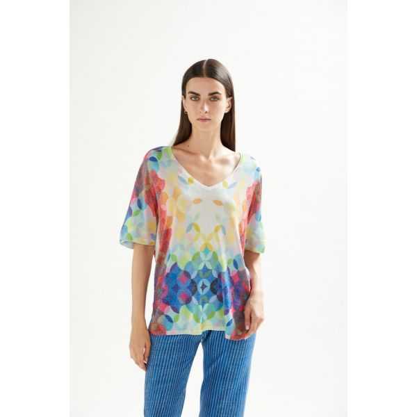 Oversize V neck sweater with short sleeves and Cool print double use