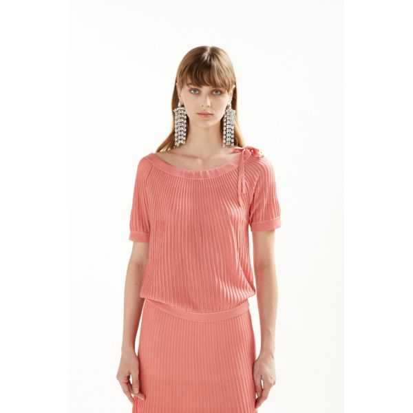 Pleated lurex blend boat neck sweater with ribbon and short sleeves