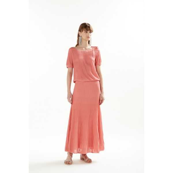 Pleated lurex blend boat neck sweater with ribbon and short sleeves