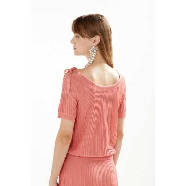 Pleated lurex blend boat neck sweater with ribbon and short sleeves