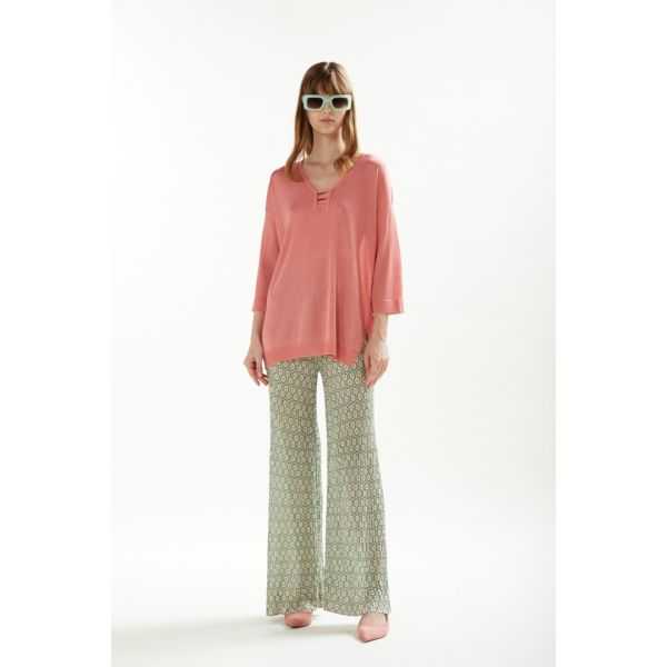 Oversize lurex blend V neck sweater with 3/4 sleeves double use