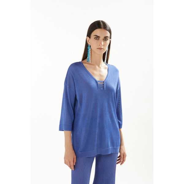 Oversize lurex blend V neck sweater with 3/4 sleeves double use