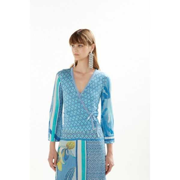 Crossed cardigan with pleated sleeves and Iris print
