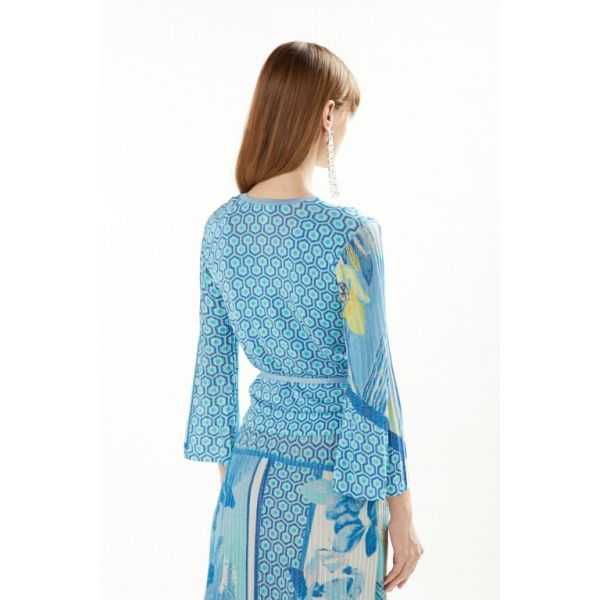 Crossed cardigan with pleated sleeves and Iris print
