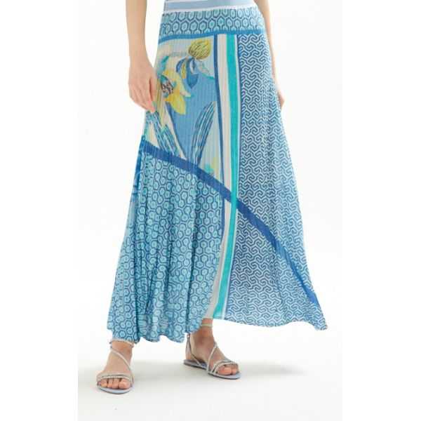 Pleated long skirt with Iris print double use
