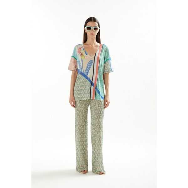 Oversize V neck with short sleeves and Iris print double use