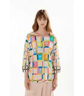 Oversize round neck sweater with buttoning, 3/4 sleeves and Zodiaco print double use