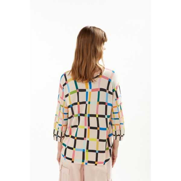 Oversize round neck sweater with buttoning, 3/4 sleeves and Zodiaco print double use