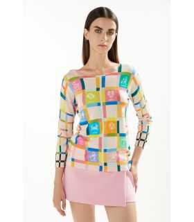 Boat neck sweater with 3/4 sleeves and Zodiaco print double use