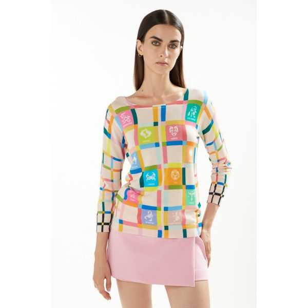 Boat neck sweater with 3/4 sleeves and Zodiaco print double use