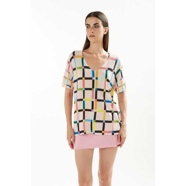 Oversize V neck sweater with short sleeves and Zodiaco print double use
