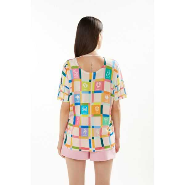 Oversize V neck sweater with short sleeves and Zodiaco print double use