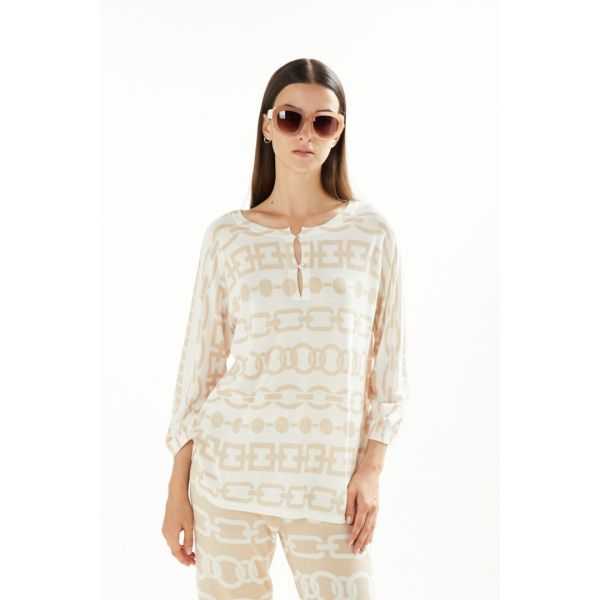 Oversize round neck sweater with buttoning, 3/4 sleeves and Chains print double use