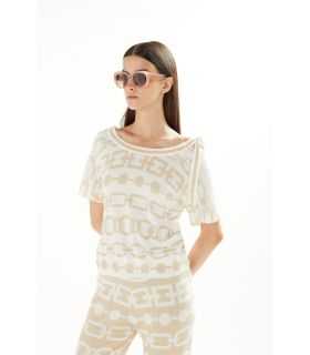 Boat neck sweater with ribbon and short sleeves Chains print double use