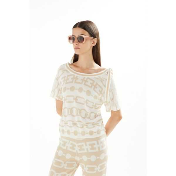 Boat neck sweater with ribbon and short sleeves Chains print double use