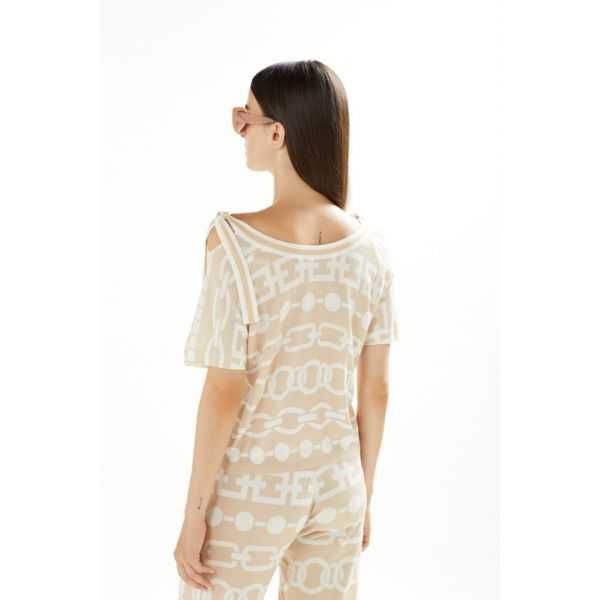 Boat neck sweater with ribbon and short sleeves Chains print double use