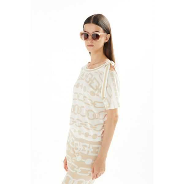 Boat neck sweater with ribbon and short sleeves Chains print double use