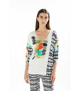 Oversize cotton V neck sweater with 3/4 sleeves and Pop print double use