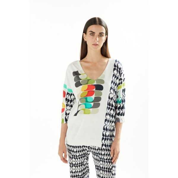 Oversize cotton V neck sweater with 3/4 sleeves and Pop print double use