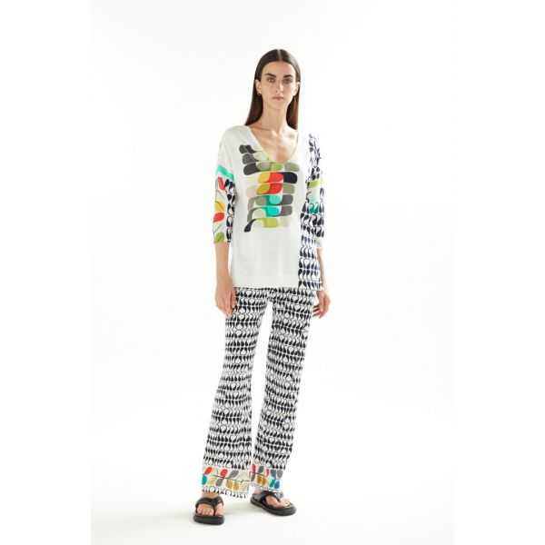 Oversize cotton V neck sweater with 3/4 sleeves and Pop print double use