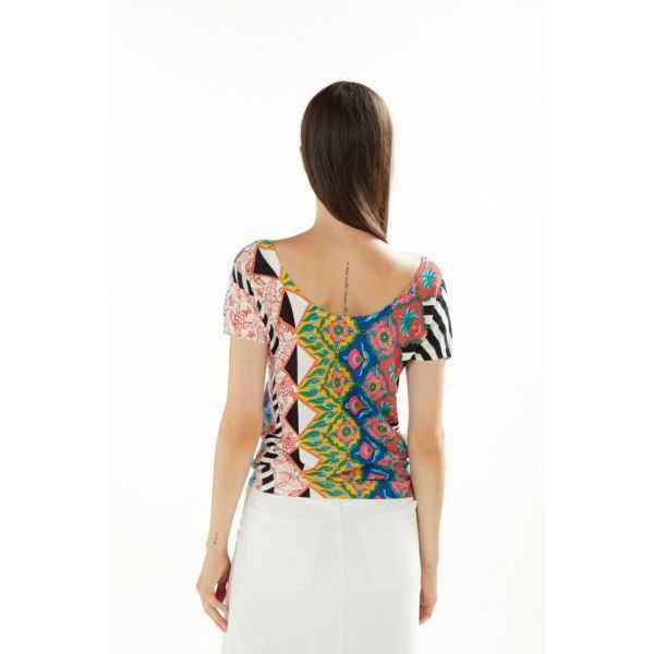Maglia scollo a V mezze maniche stampa Patchwork double use