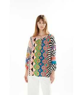 Oversize round neck sweater with buttoning, 3/4 sleeves and Patchwork print double use