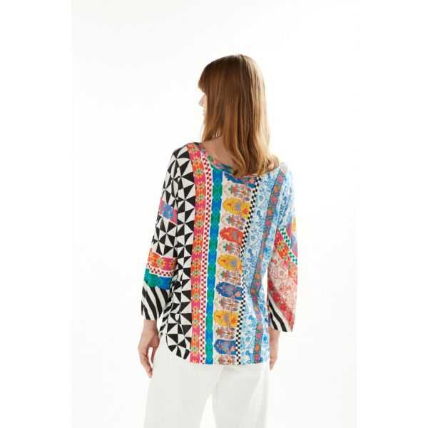 Oversize round neck sweater with buttoning, 3/4 sleeves and Patchwork print double use