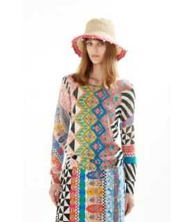 Pointelle boat neck sweater with long sleeves and Patchwork print double use