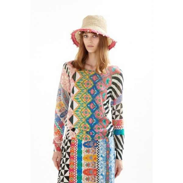 Pointelle boat neck sweater with long sleeves and Patchwork print double use