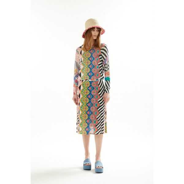Pointelle boat neck sweater with long sleeves and Patchwork print double use