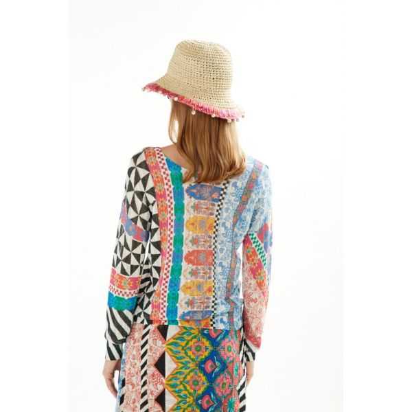 Pointelle boat neck sweater with long sleeves and Patchwork print double use
