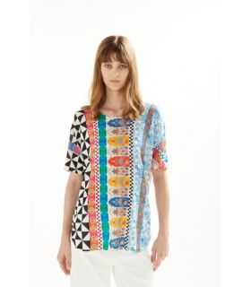 Oversize boat neck sweater with short sleeves and Patchwork print double use