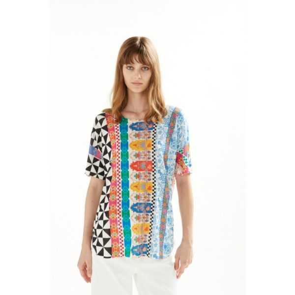 Oversize boat neck sweater with short sleeves and Patchwork print double use