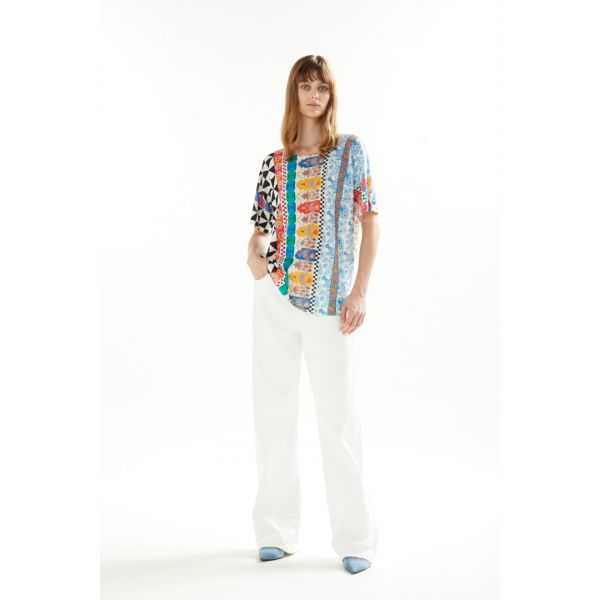 Oversize boat neck sweater with short sleeves and Patchwork print double use