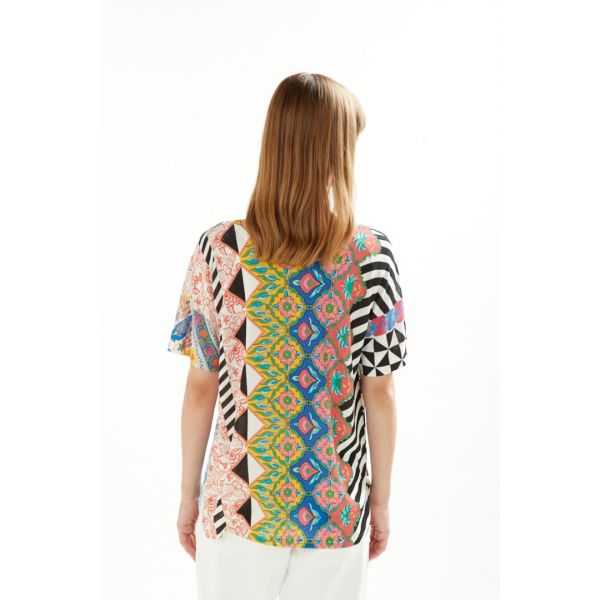 Oversize boat neck sweater with short sleeves and Patchwork print double use