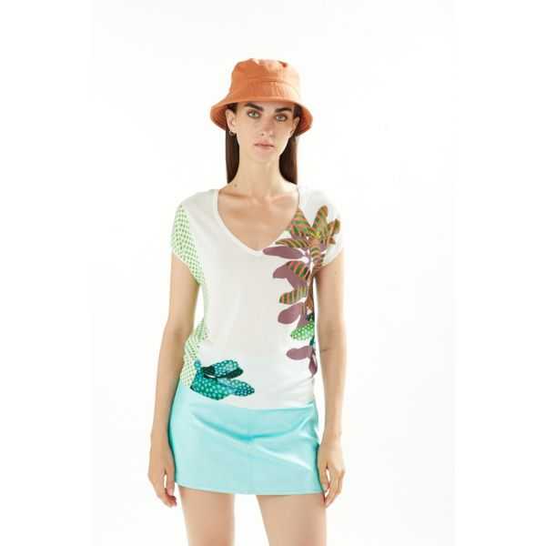 V neck sweater with short sleeves and Plants e Pois print double use