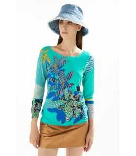 Boat neck sweater with 3/4 sleeves Plants e Pois print double use