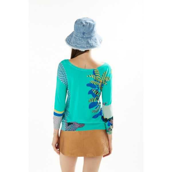 Boat neck sweater with 3/4 sleeves Plants e Pois print double use