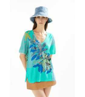 Oversize V neck sweater with Plants and Pois print double use